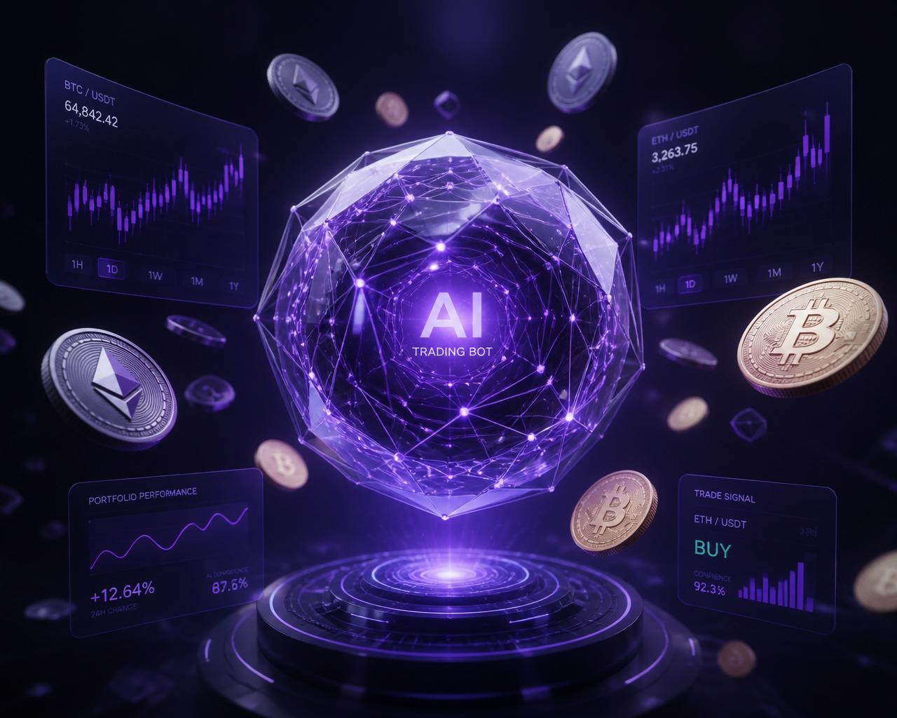 Glowing AI trading bot orb surrounded by floating BTC and ETH coins with live chart panels